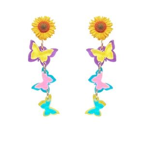 Sunflower & 3 Butterfly Drop Earrings